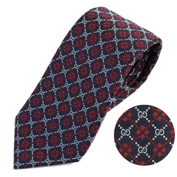 - Gucci Navy Silk Tie with Red Diamonds and Interlocking GG New - Picture 1 of 5
